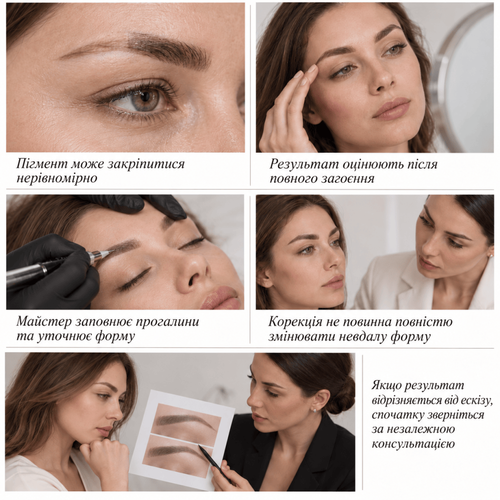 Корекція перманентного макіяжу після загоєння: оцінювання пігменту, заповнення прогалин, уточнення форми та незалежна консультація.
