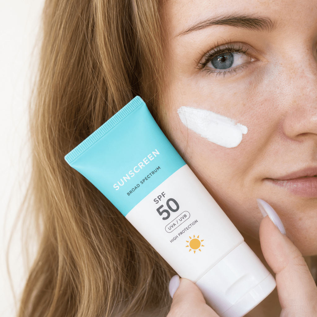 Жінка наносить сонцезахисний крем SPF 50 на обличчя для захисту шкіри від пігментації