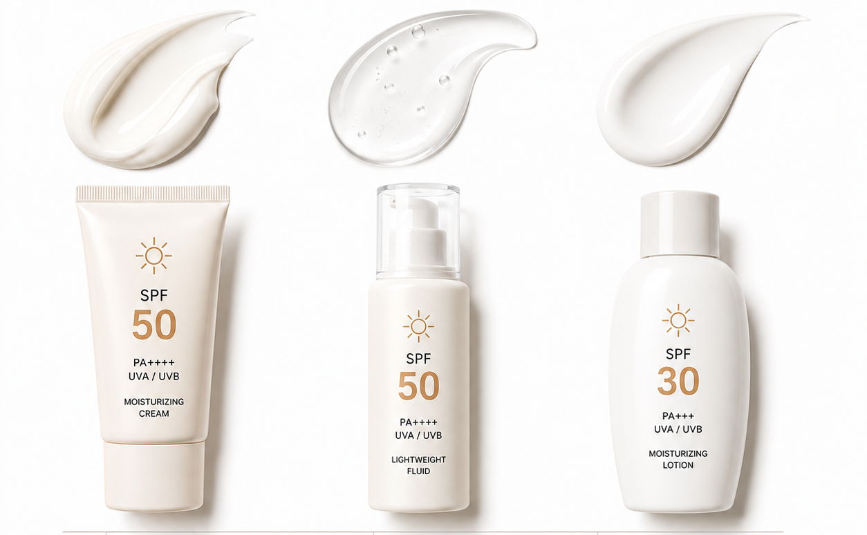 Крем, флюїд і молочко з SPF для сухої шкіри обличчя з наочно показаними текстурами кожного формату на білому фоні.