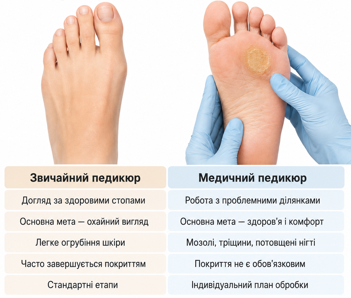 Медичний педикюр і косметичний догляд: порівняння огляду стоп, обробки нігтів, кутикули та мозоля.