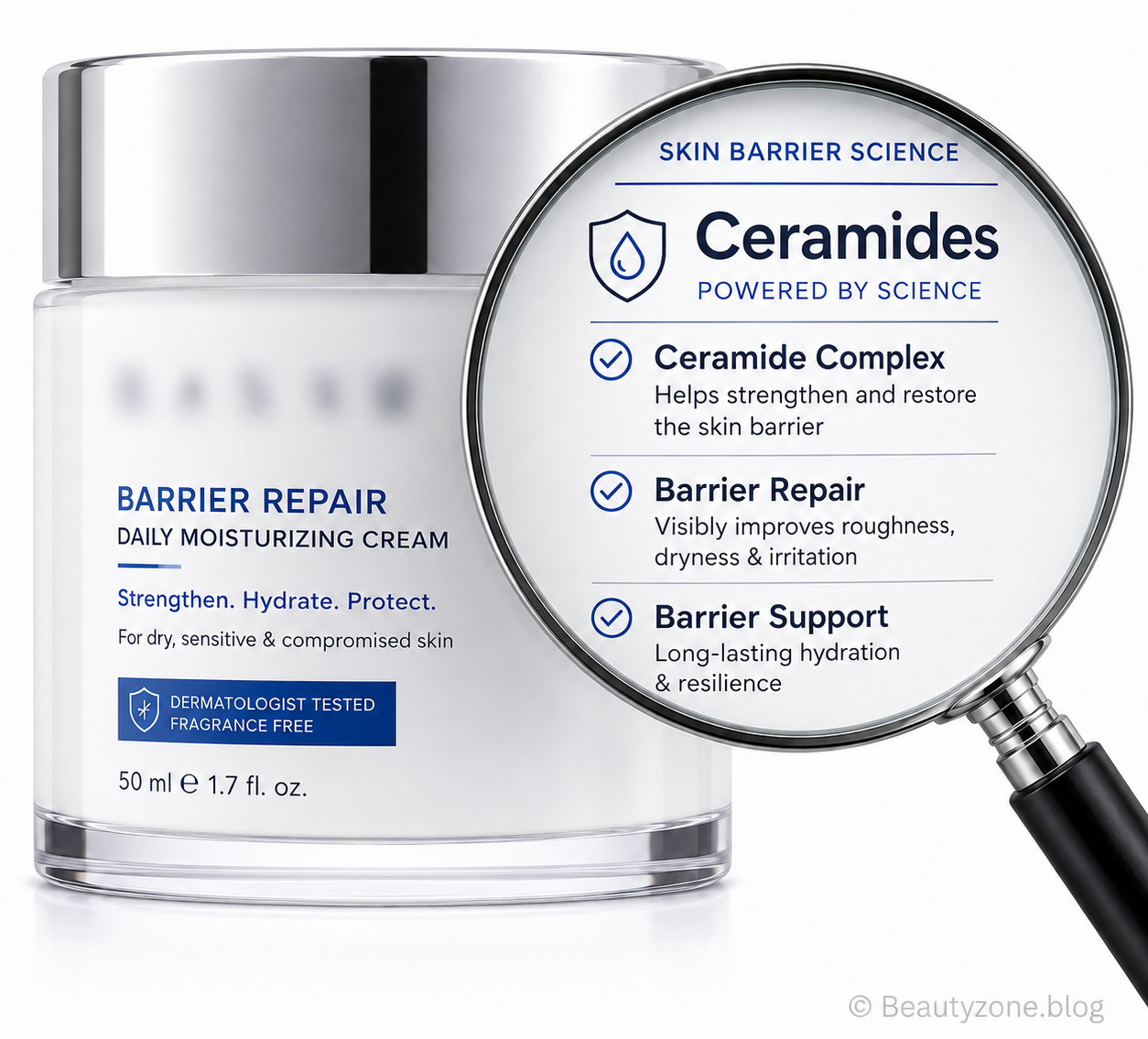 Упаковка крему з керамідами під лупою — позначення Ceramides, Ceramide Complex, Barrier Repair і Barrier Support на білому фоні.