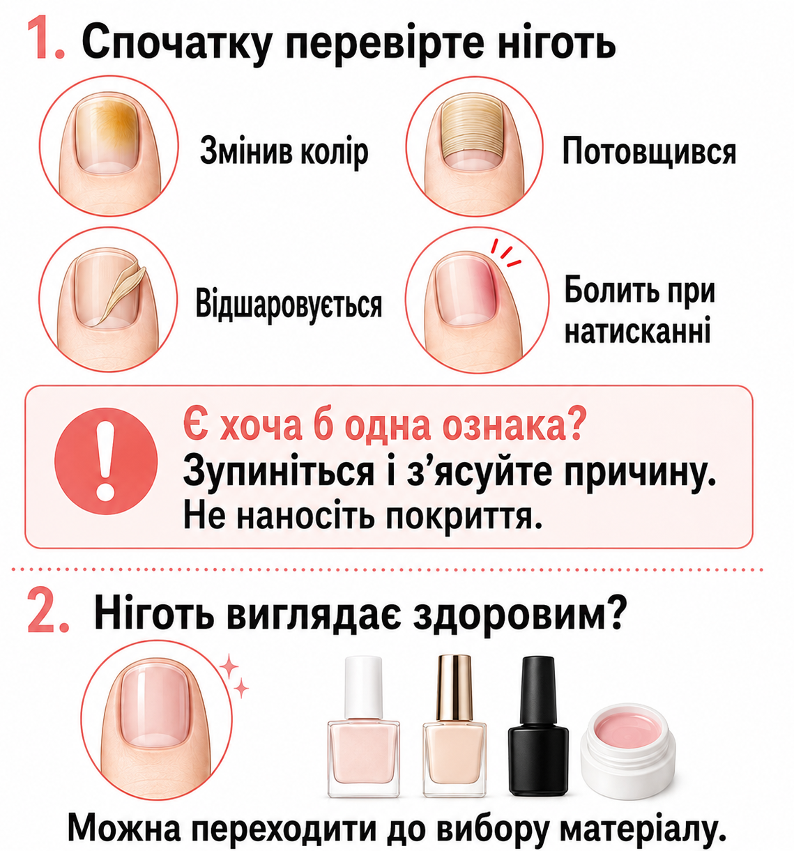 Ознаки, за яких не варто робити педикюр з покриттям: зміна кольору, потовщення, відшарування або болючість нігтя.
