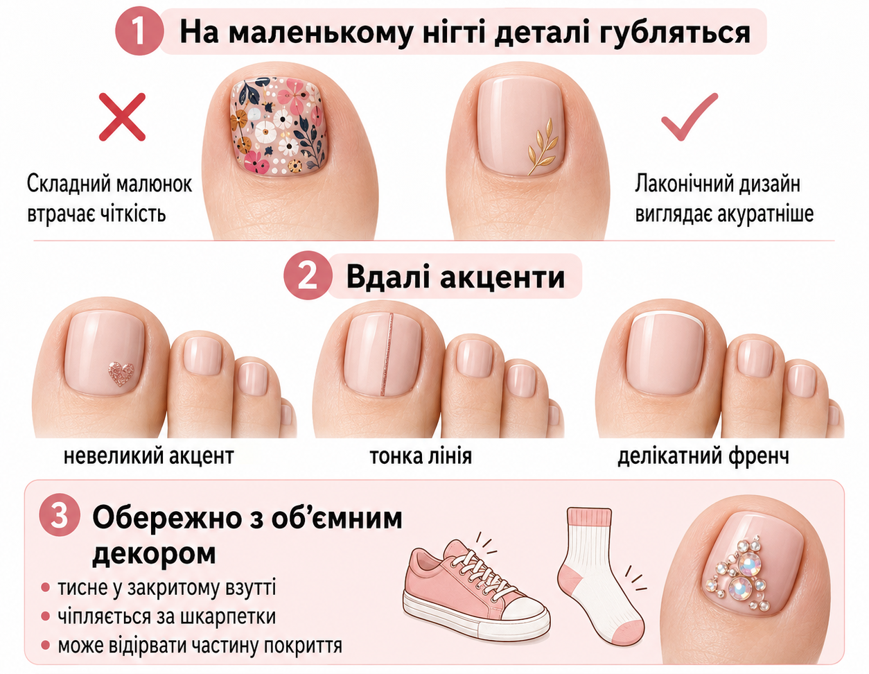 Мінімалістичний дизайн педикюру з покриттям: невеликий акцент, тонка лінія, делікатний френч і недоліки об’ємного декору.