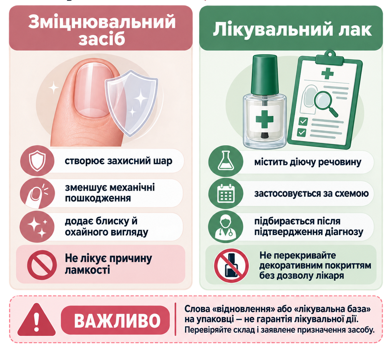 Зміцнювальний засіб і лікувальний лак — у чому різниця та чому зміцнювальне покриття не лікує захворювання нігтів.