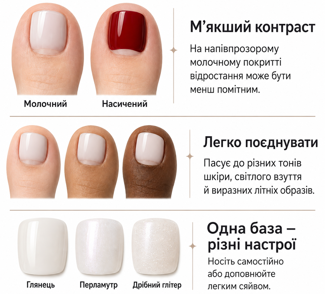 Інфографіка про молочно-білий педикюр: порівняння відростання з насиченим лаком, вигляд на різних тонах шкіри та глянцевий, перламутровий і глітерний фініші.