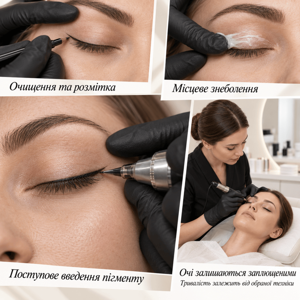 Інфографіка про етапи перманентного макіяжу очей: очищення та розмітка стрілки, місцеве знеболення, введення пігменту й робота із заплющеними очима.