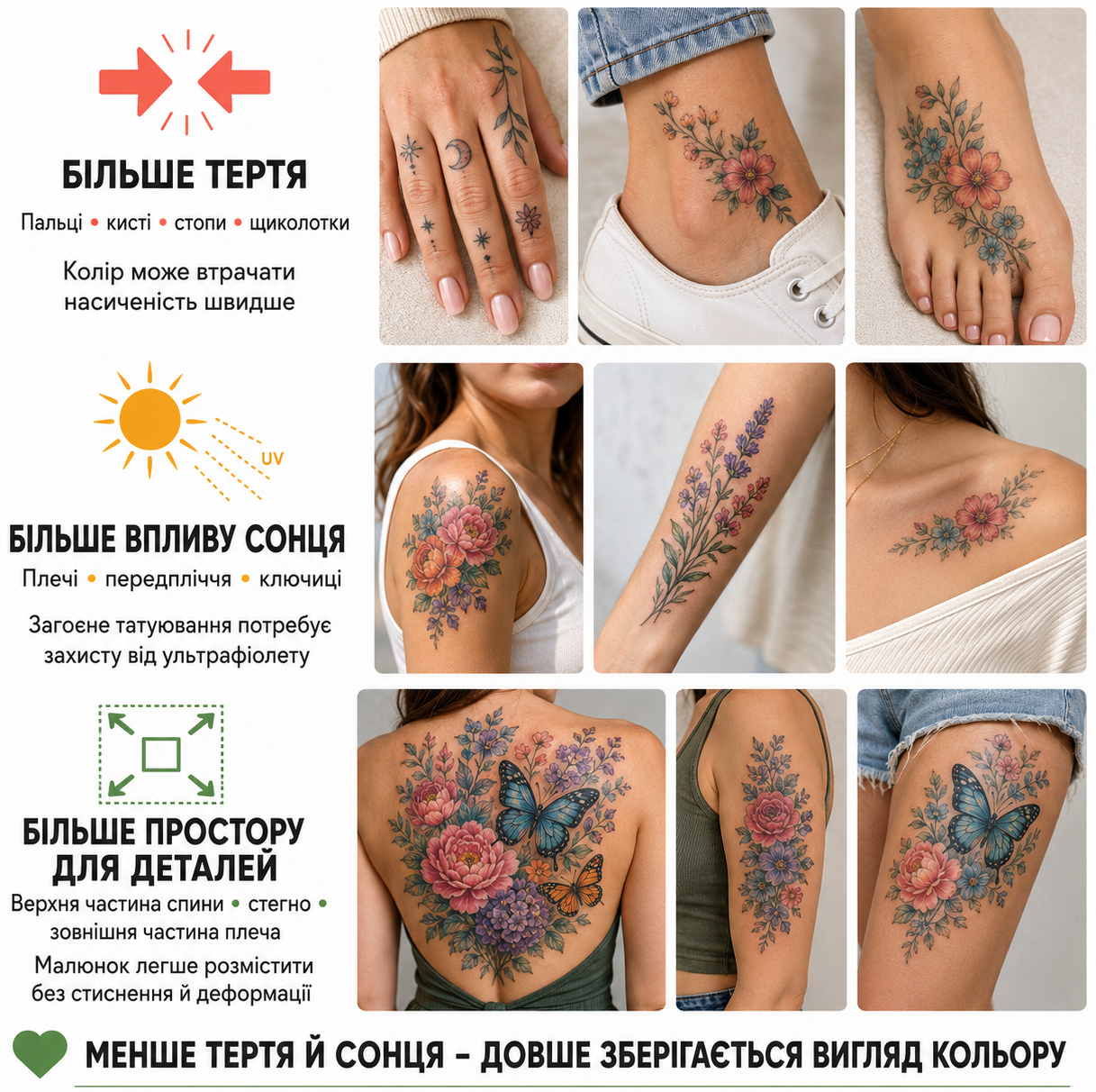 Ділянки тіла для кольорових жіночих татуювань із різним впливом тертя, сонця та простором для деталей