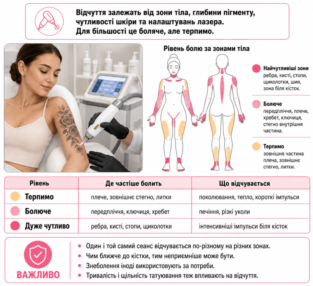 Інфографіка на білому фоні про те, чи боляче видаляти татуювання, з жінкою під час лазерної процедури, картою зон тіла за рівнем болю, таблицею відчуттів і поясненнями, де боляче, а де терпимо.