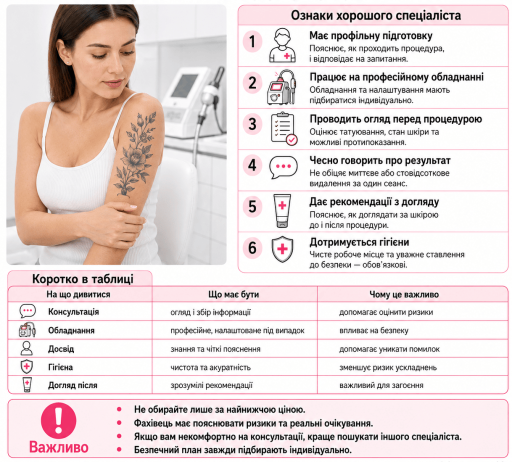 Інфографіка про те, як вибрати спеціаліста для видалення жіночого татуювання: консультація, професійне обладнання, досвід, гігієна, огляд шкіри та рекомендації з догляду.