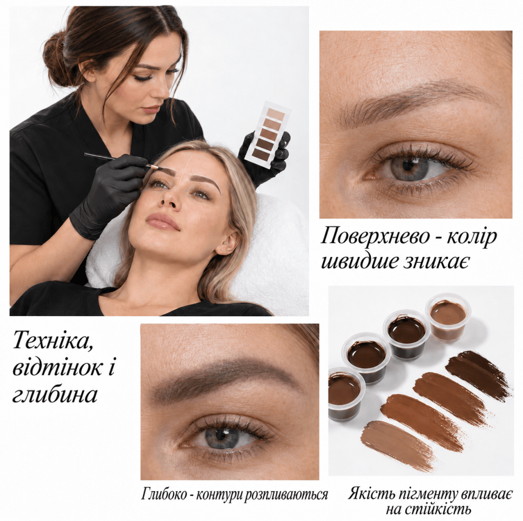 Колаж про вплив техніки майстра, глибини внесення та якості пігменту на результат перманентного макіяжу брів.